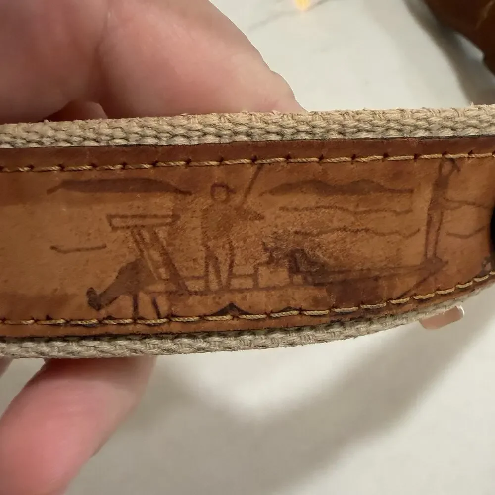 Vintage Zep-Pro Size 36 Fish Embroidered Canvas Leather Belt Brass Buckle Preppy